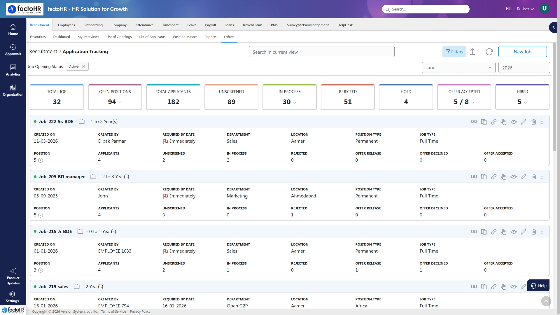 Employee onboarding and application tracking screen