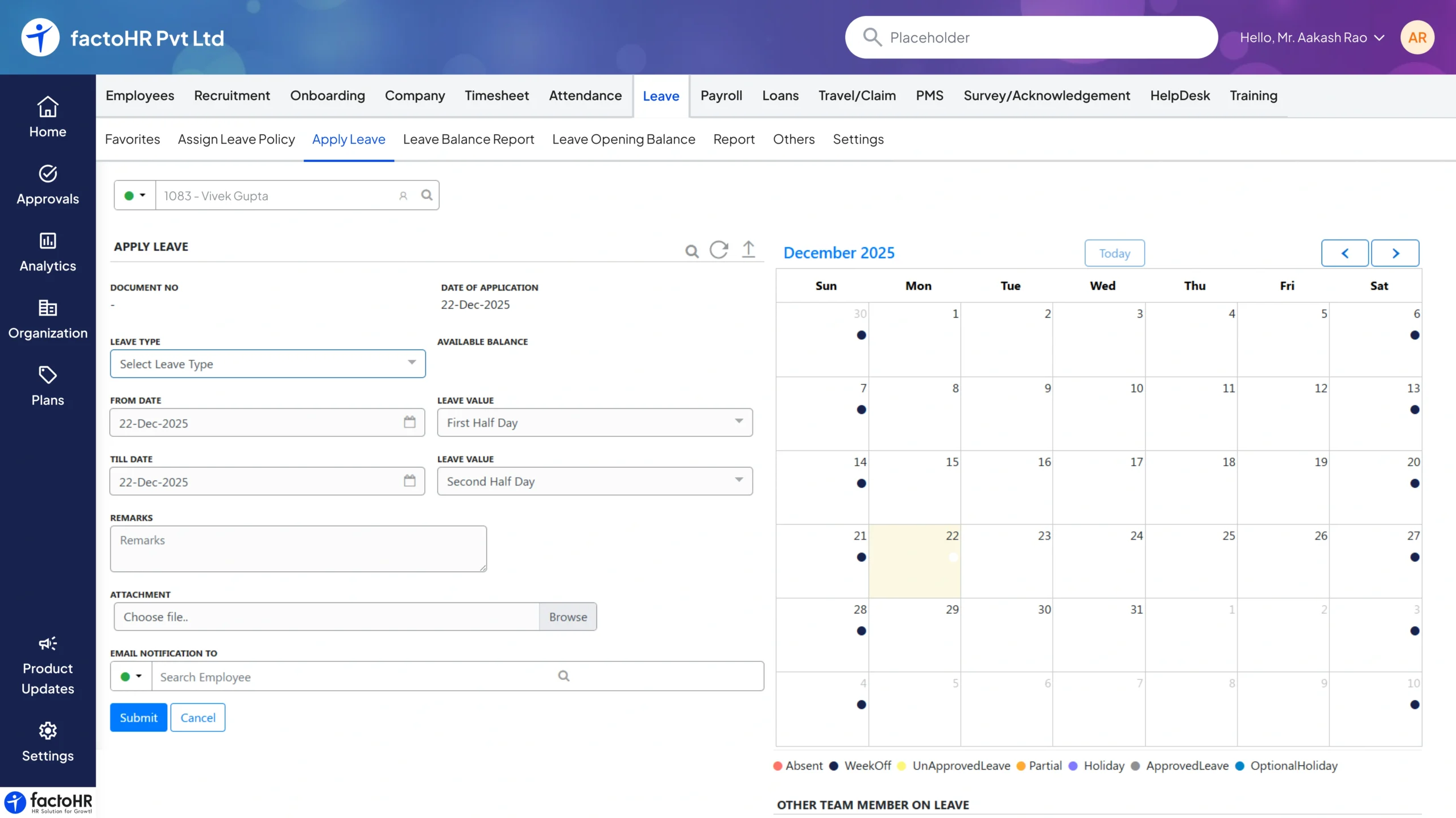 Applying for leave and viewing balance