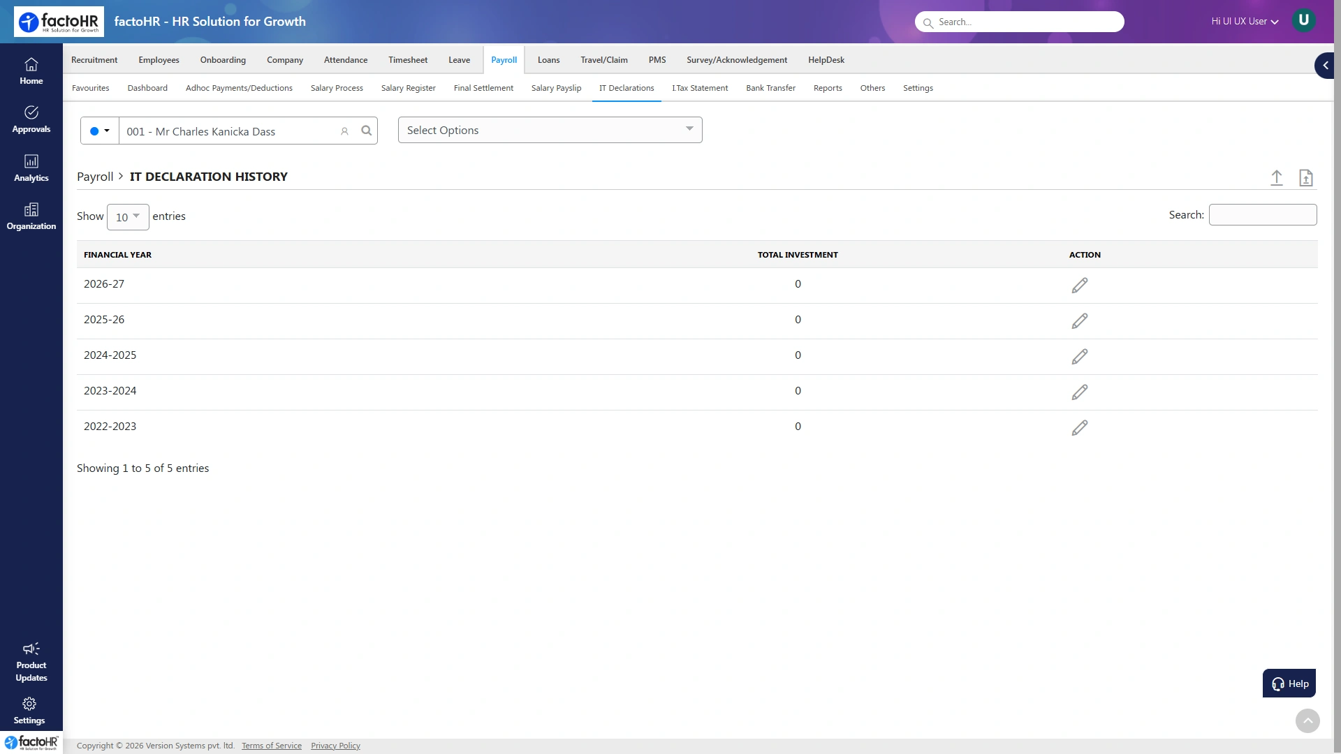 Employee filing investment and tax declarations online
