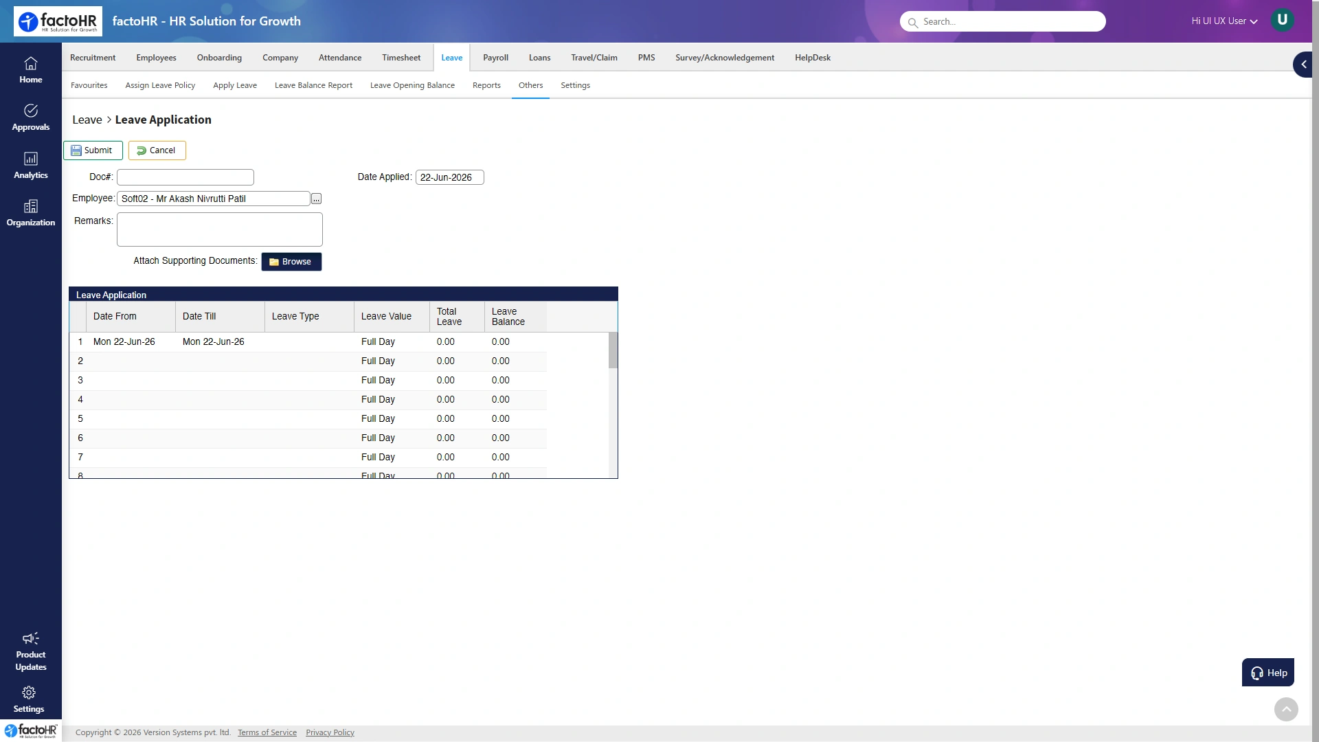 Leave application screen