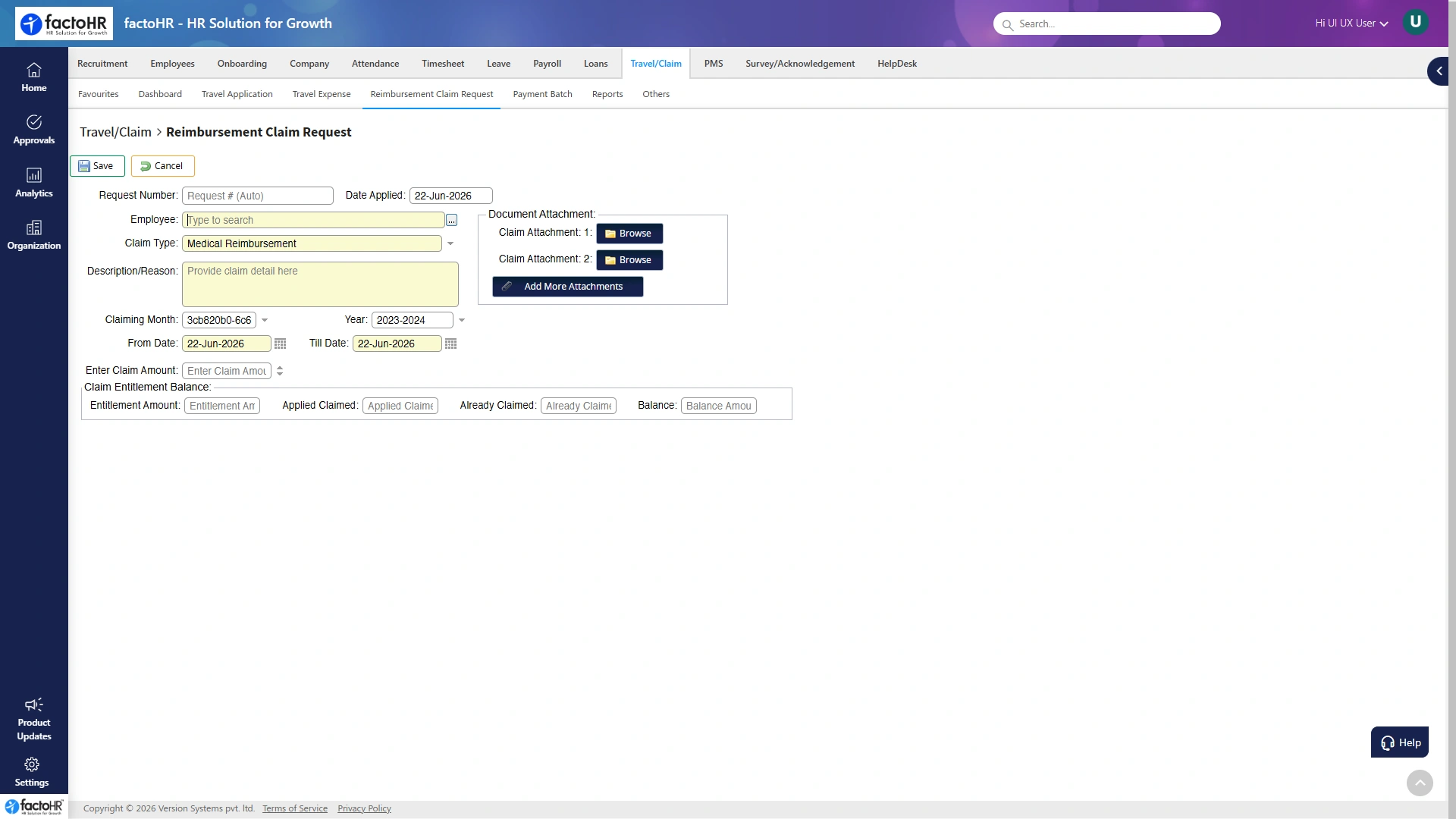 Expense claim screen